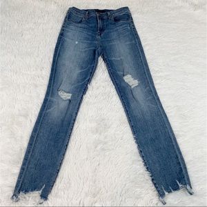 J Brand mid rise distressed skinny jeans chewed hem blue